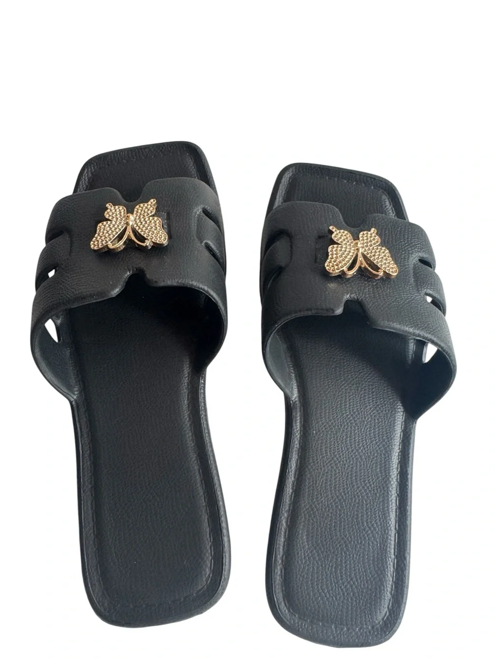Black Slide Sandals with Gold Rhinestone Butterfly